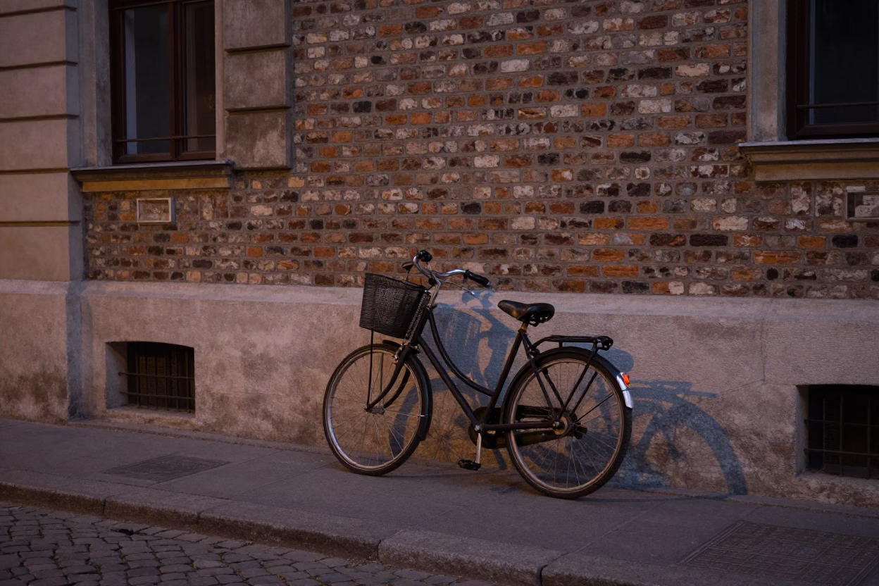 Twilight Street Scene in Budapest Hungary Featuring Bicycle Basket and Wall Hook in in Budapest, Hungary