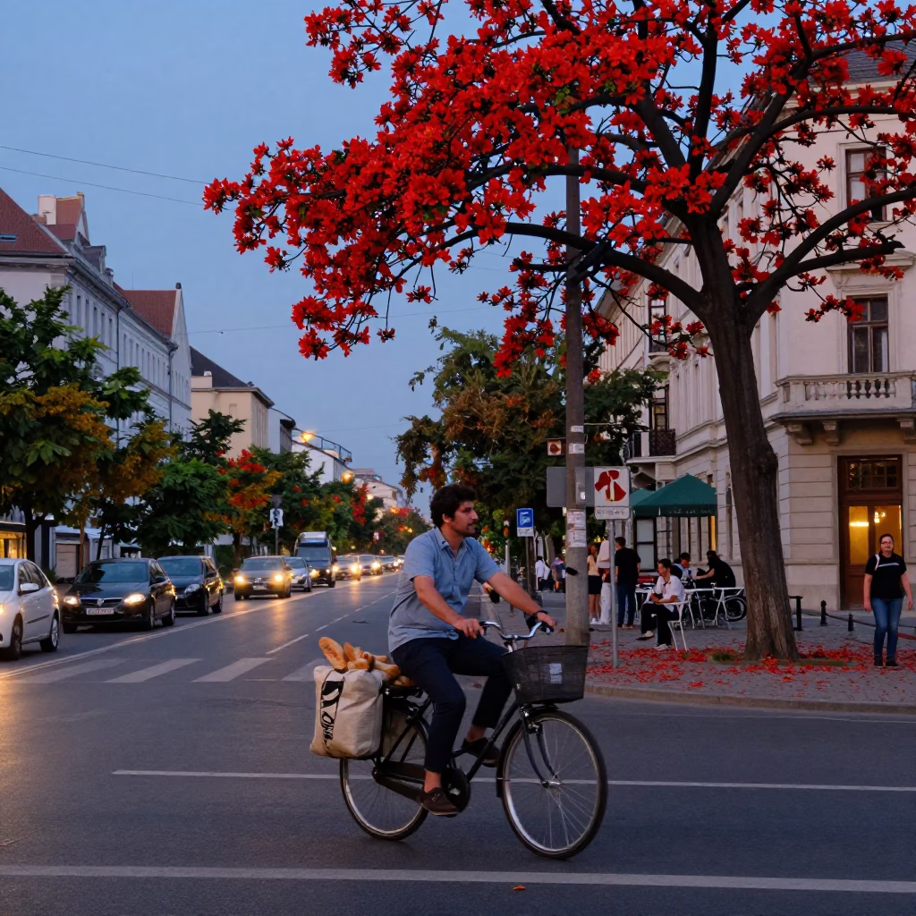 Twilight Street Scene in Budapest Hungary with Bicycle and Red Flame Tree in in Budapest, Hungary