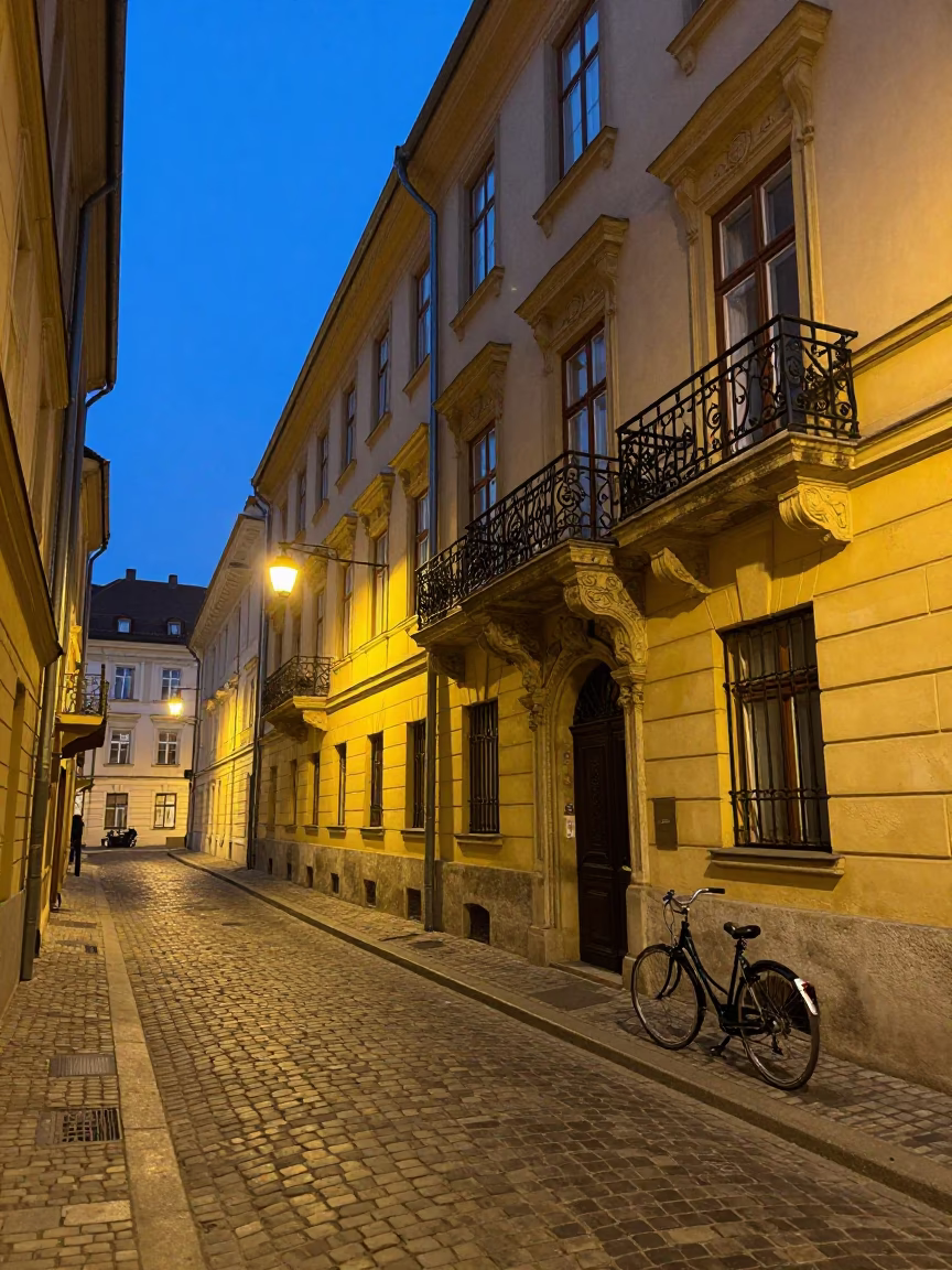 Twilight Street Scene in Budapest Hungary with Bicycle and Stone Architecture in in Budapest, Hungary