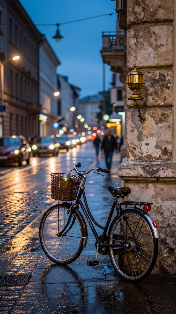 Twilight Street Scene in Budapest Hungary with Bicycle Basket and Brass Details in in Budapest, Hungary