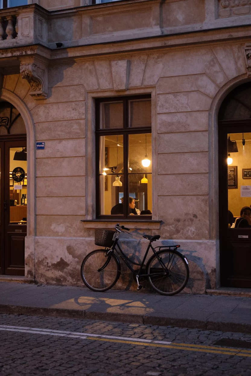 Twilight Street Scene in Budapest Hungary with Bicycle Leaning Against Cafe in in Budapest, Hungary