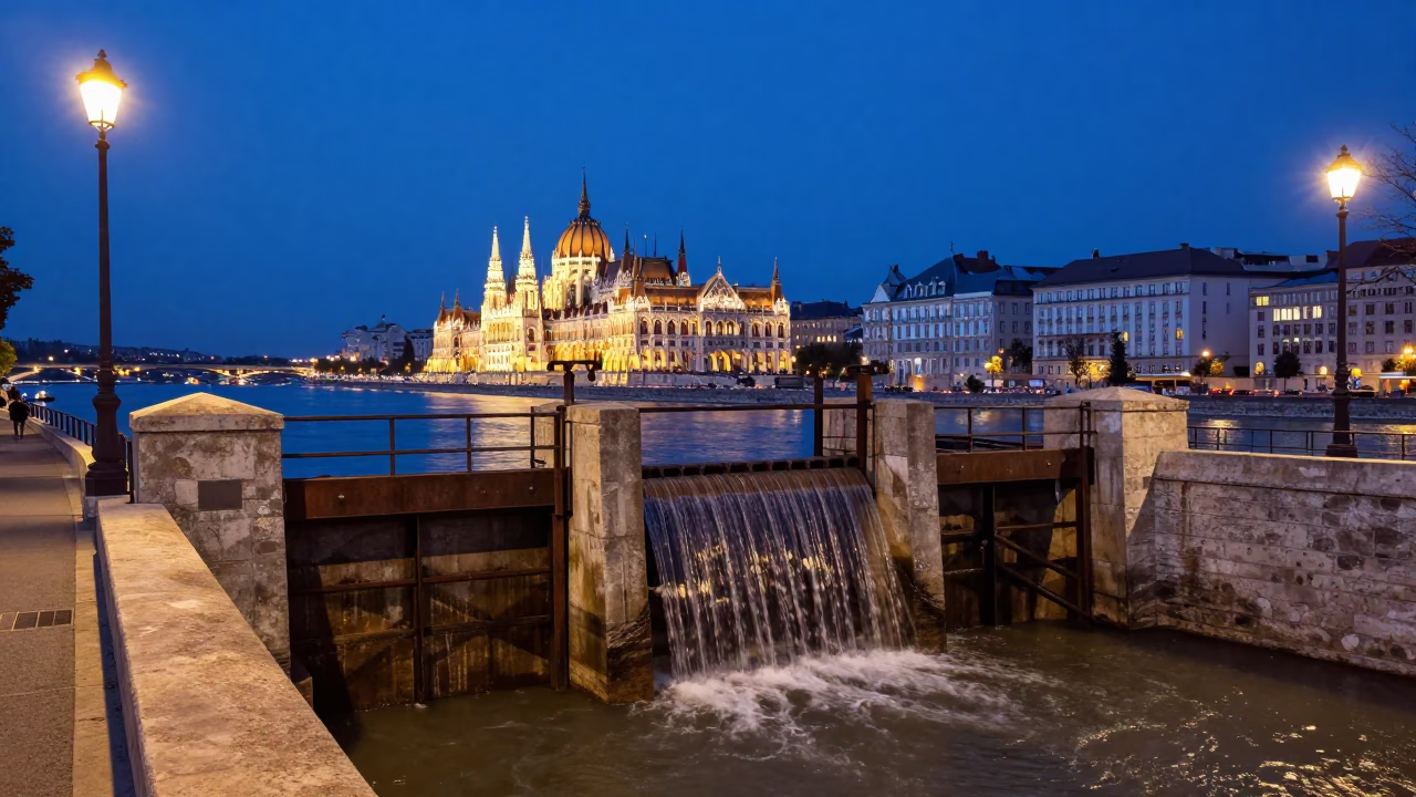 Twilight Street Scene in Budapest Hungary with Dripping Sluice Gate and Canal in in Budapest, Hungary
