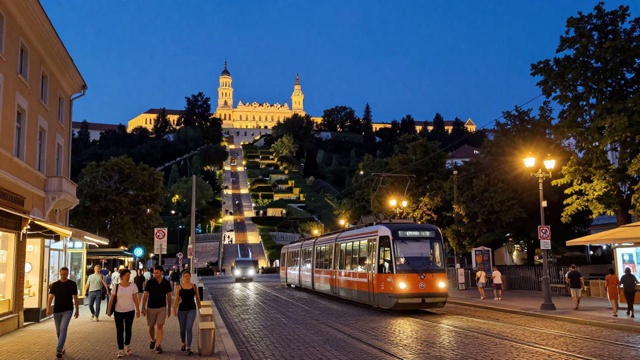Twilight Street Scene in Budapest Hungary with Funicular and Local Life in in Budapest, Hungary