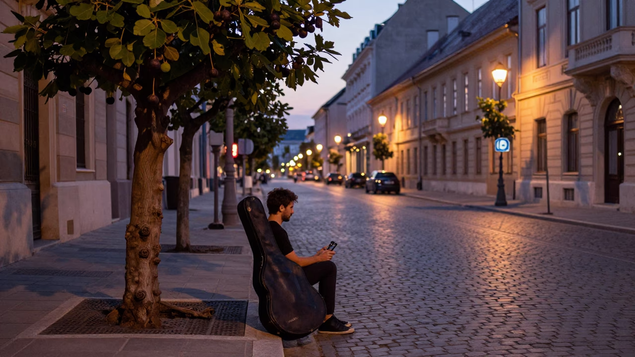 Twilight Street Scene in Budapest Hungary with Guitar Case and Fig Tree in in Budapest, Hungary