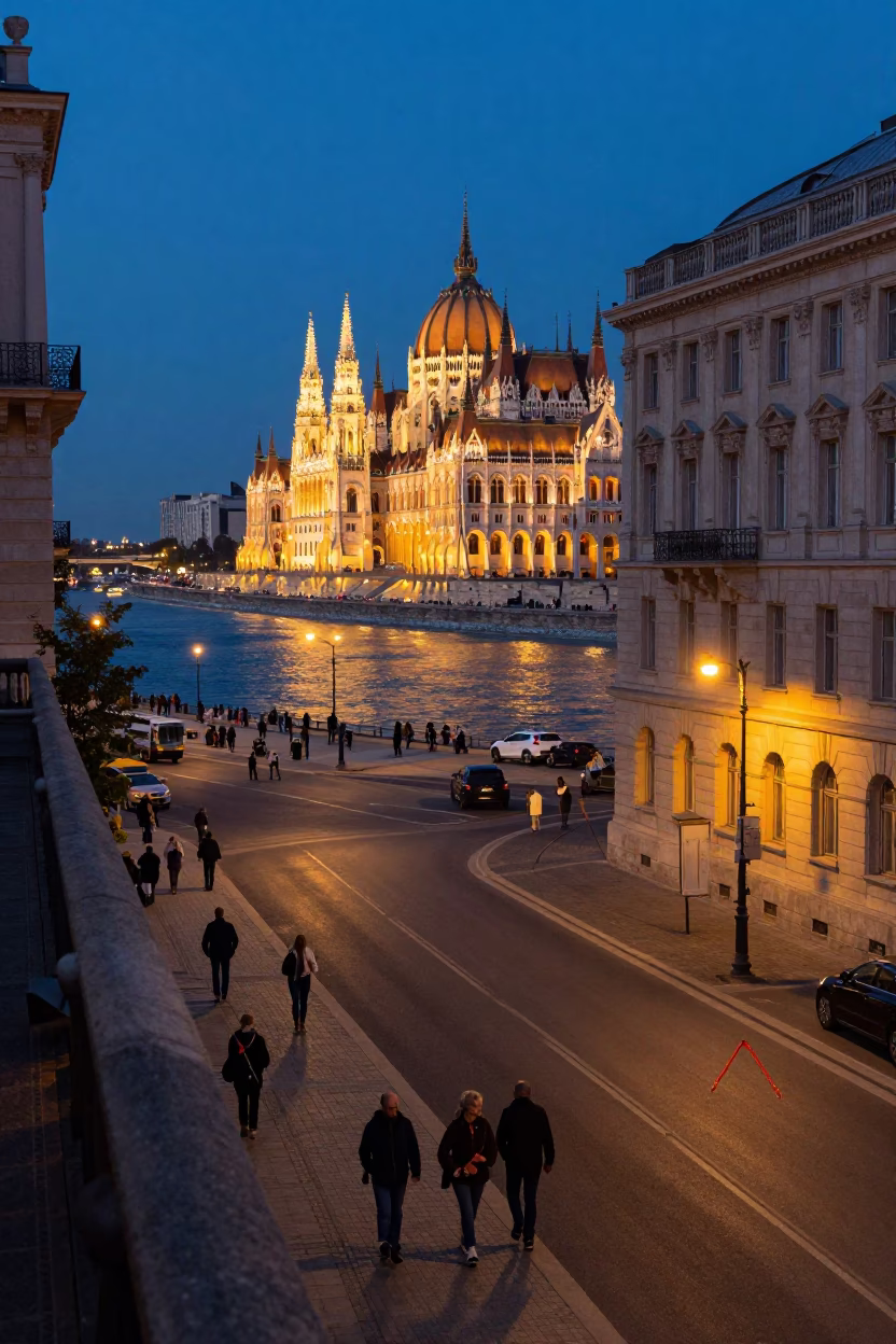 Twilight Street Scene in Budapest Hungary with Historic Architecture and Pedestrians in in Budapest, Hungary