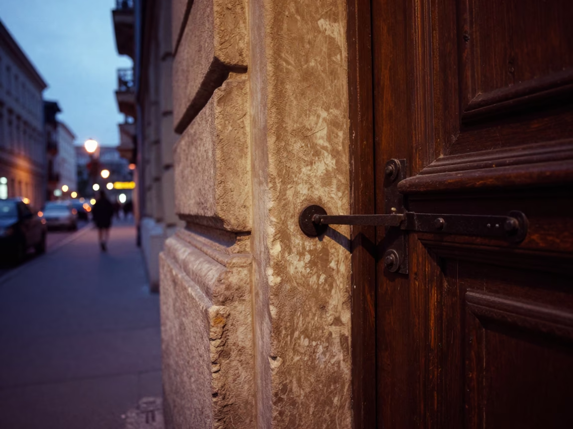 Twilight Street Scene in Budapest Hungary with Iron Deadbolt and Urban Details in in Budapest, Hungary