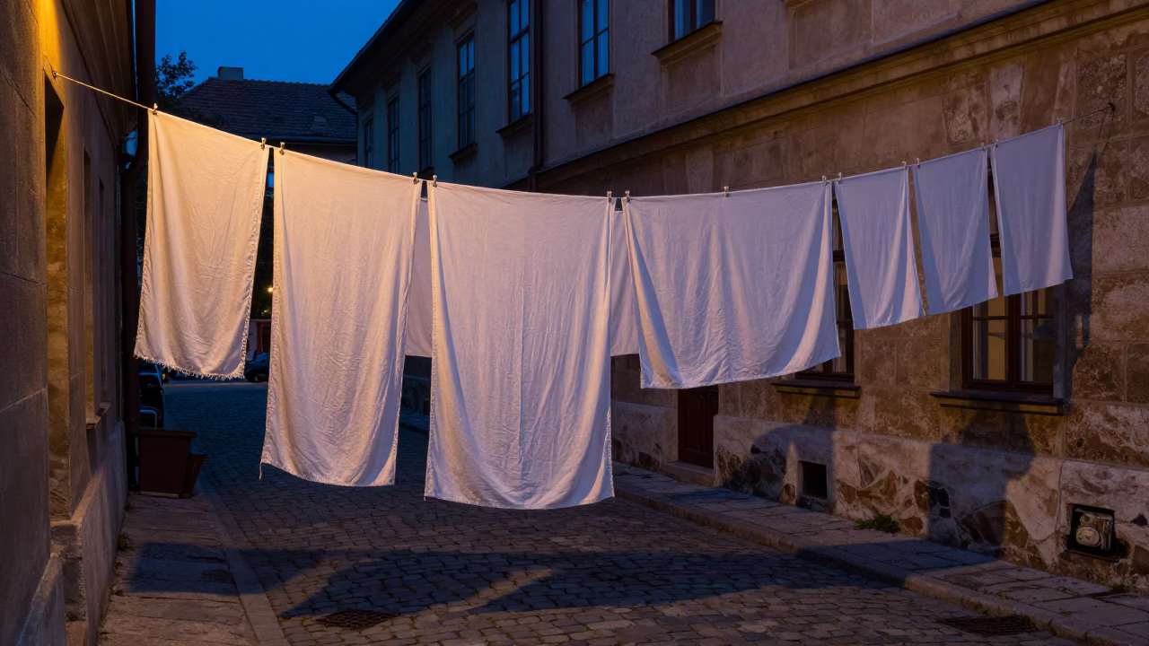 Twilight Street Scene in Budapest Hungary with Linen Curtains and Clothesline in in Budapest, Hungary