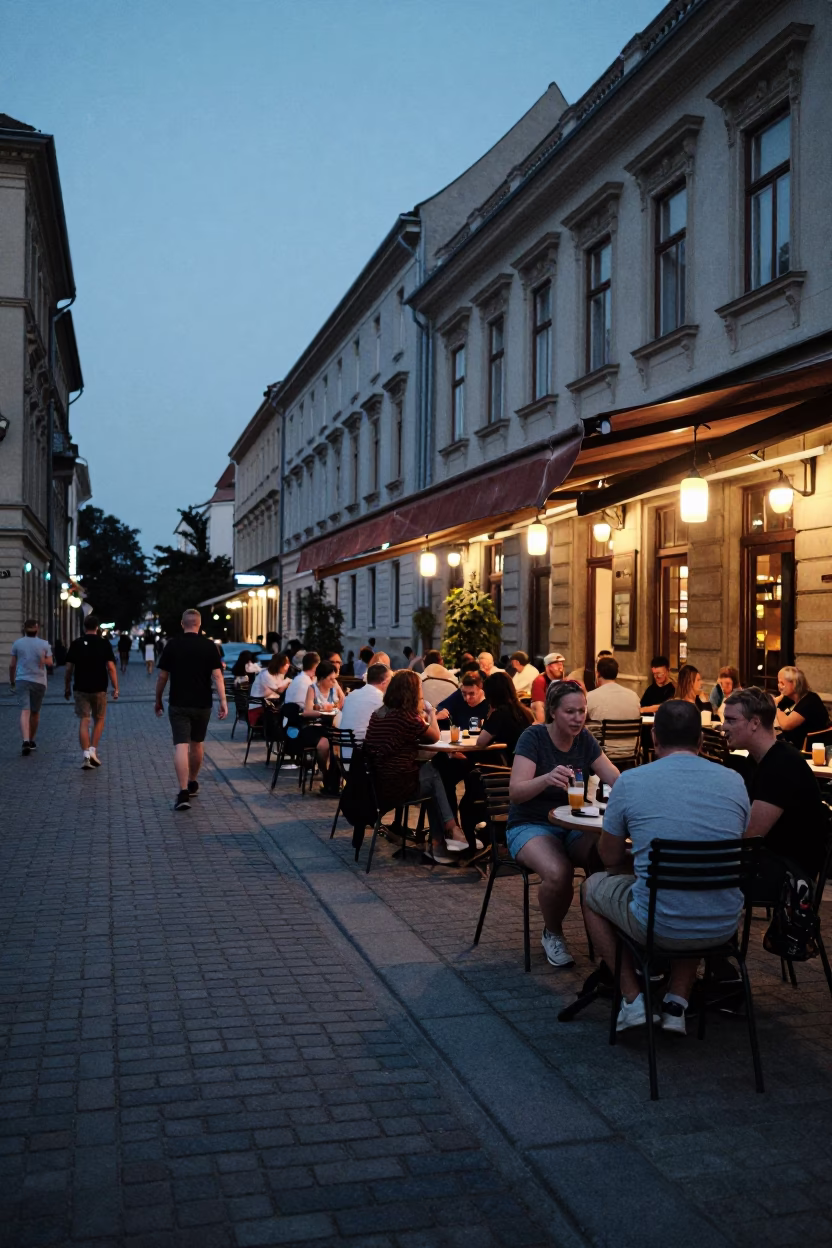 Twilight street scene in Budapest Hungary with locals dining at outdoor cafe in in Budapest, Hungary