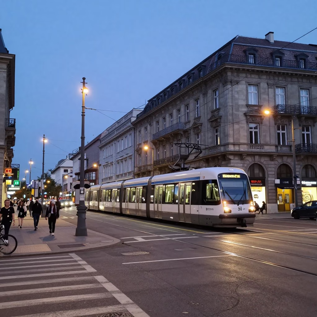 Twilight Street Scene in Budapest Hungary with Monorail and Urban Architecture in in Budapest, Hungary