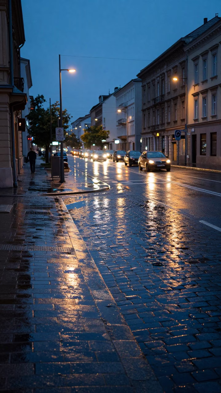 Twilight Street Scene in Budapest Hungary with Oil Sheen and Reflections in in Budapest, Hungary
