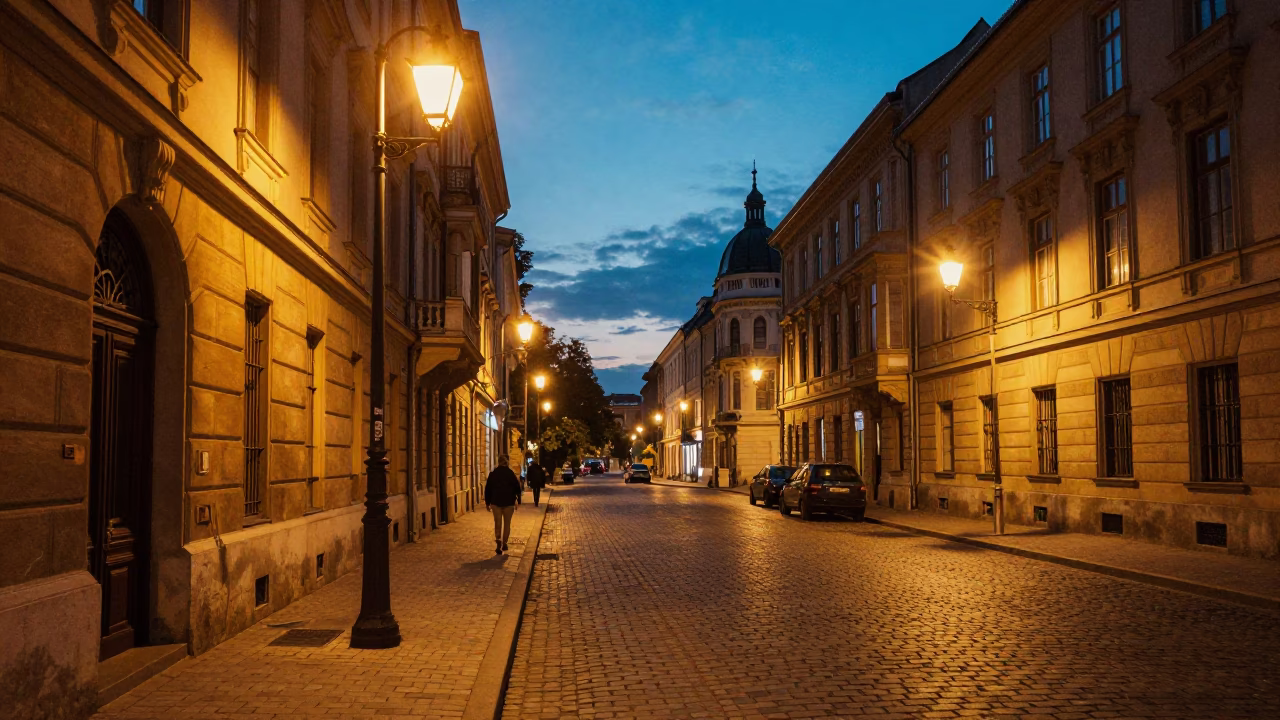 Twilight Street Scene in Budapest Hungary with Vintage Details and Urban Atmosphere in in Budapest, Hungary