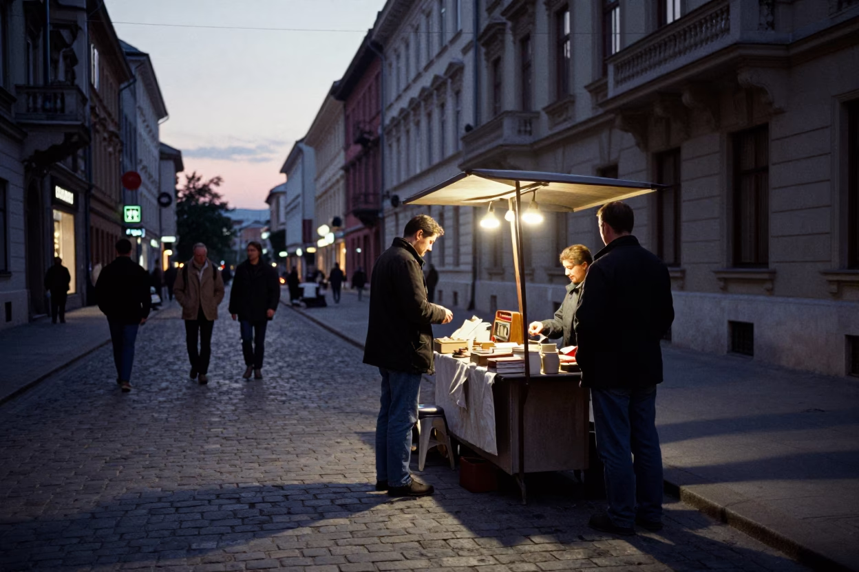 Twilight Street Scene in Budapest Hungary with Vintage Radio and Signet Ring in in Budapest, Hungary