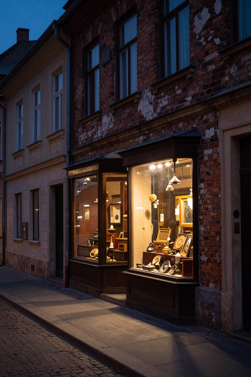Twilight Street Scene in Budapest Hungary with Vintage Shop Display in in Budapest, Hungary