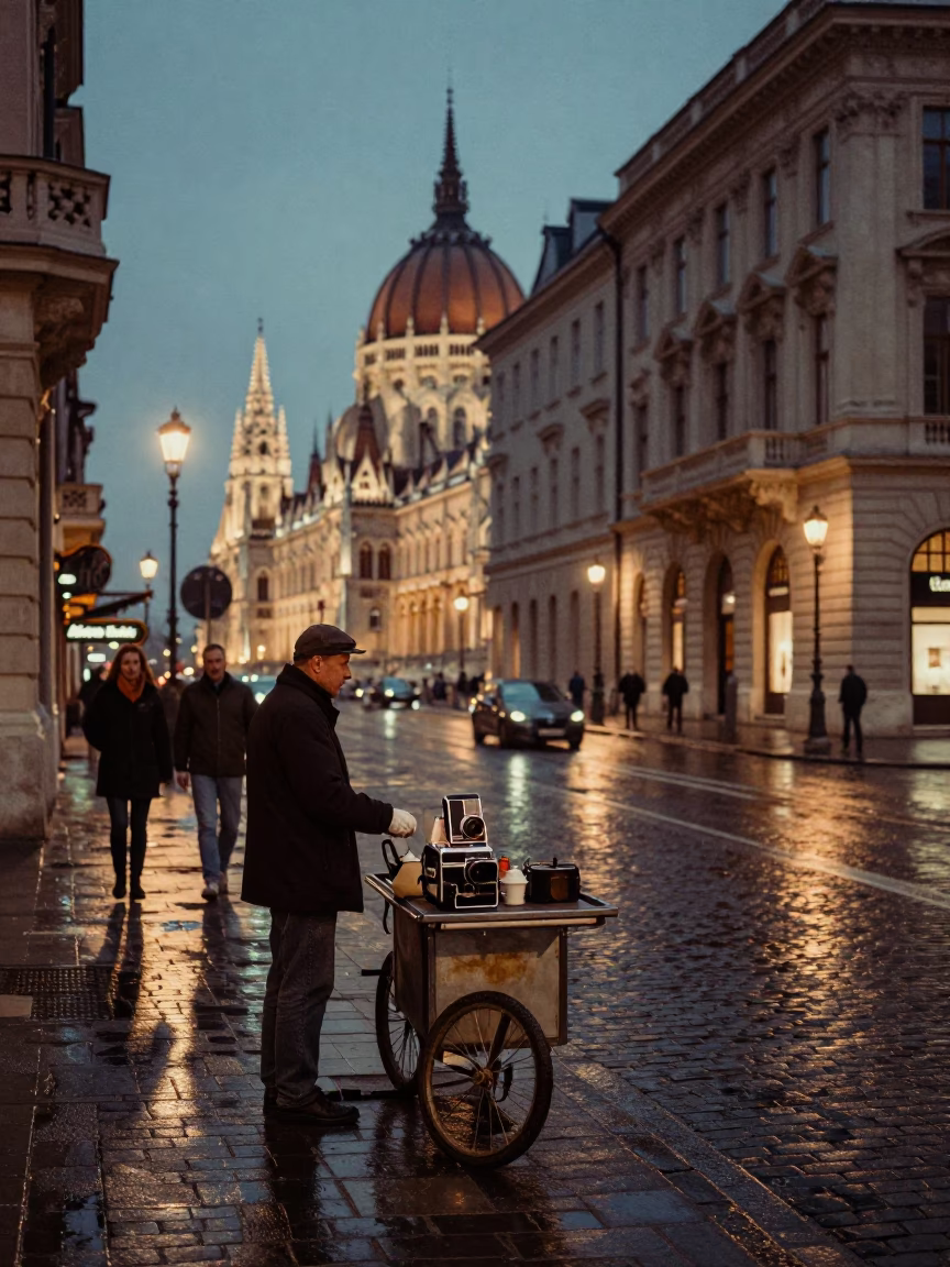 Twilight Street Scene in Budapest Hungary with Vintage Tea Stains and Urban Life in in Budapest, Hungary