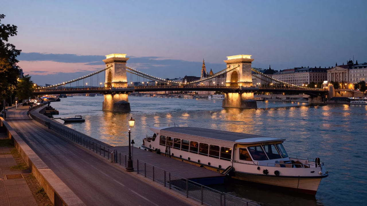 Twilight Street Scene in Budapest Hungary with Water Taxi and Bridge Pier in in Budapest, Hungary