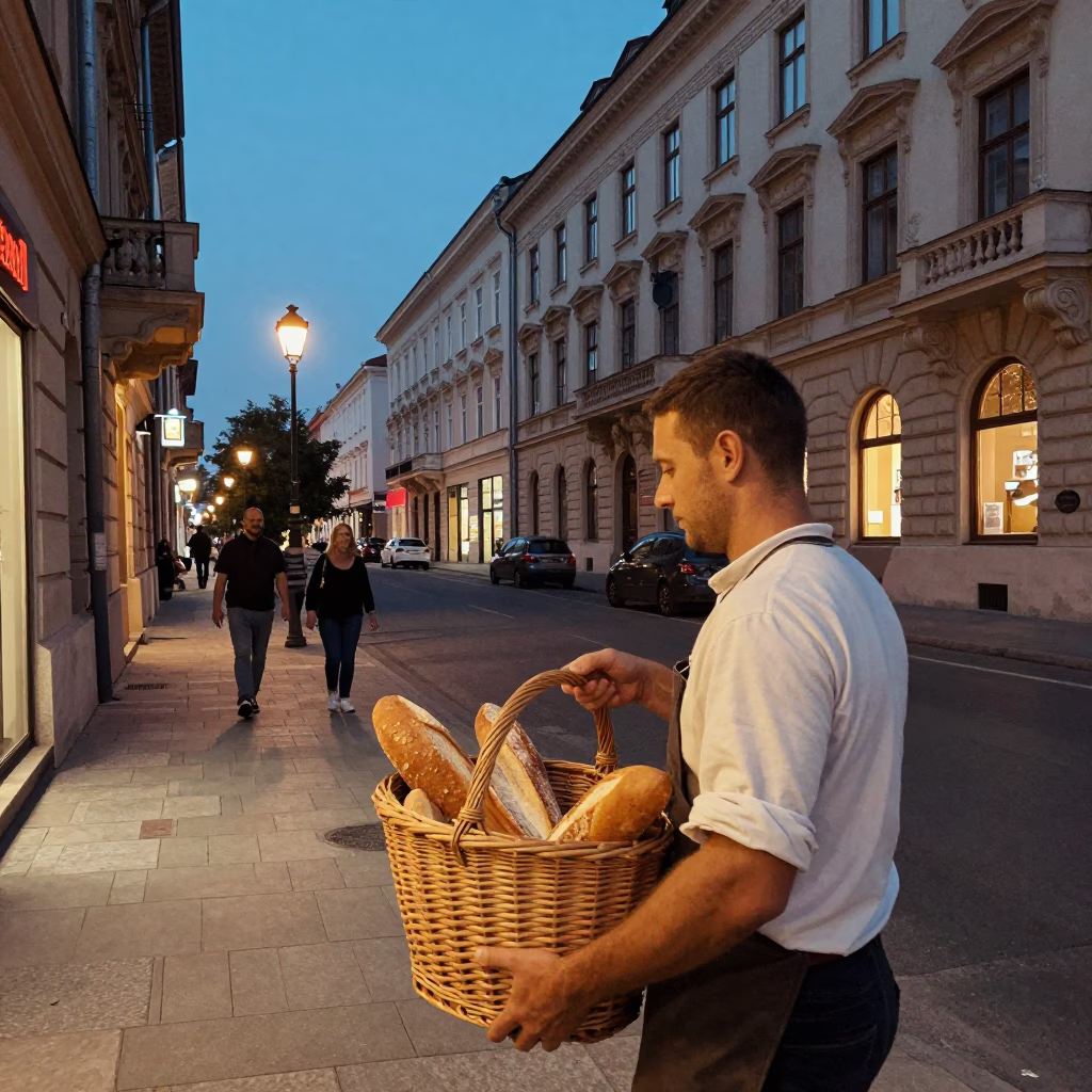 Twilight Street Scene in Budapest with Baker and Wicker Basket in in Budapest, Hungary