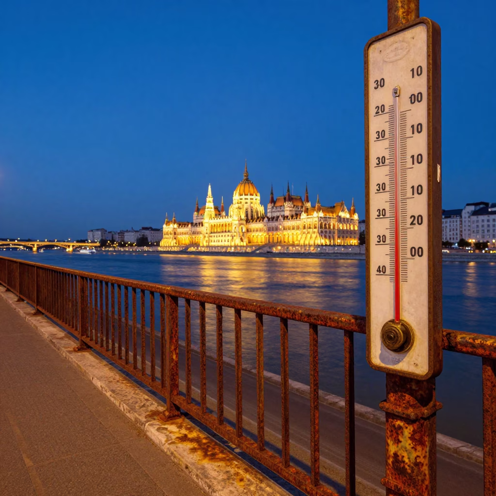 Twilight Street Scene in Budapest with Rusty Railings and Thermometer Detail in in Budapest, Hungary