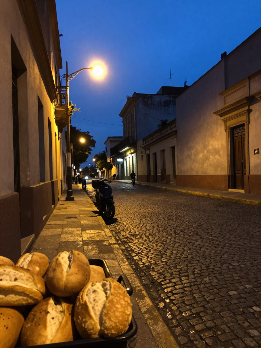 Twilight street scene in Buenos Aires Argentina with bread loaves and scooter in in Buenos Aires, Argentina