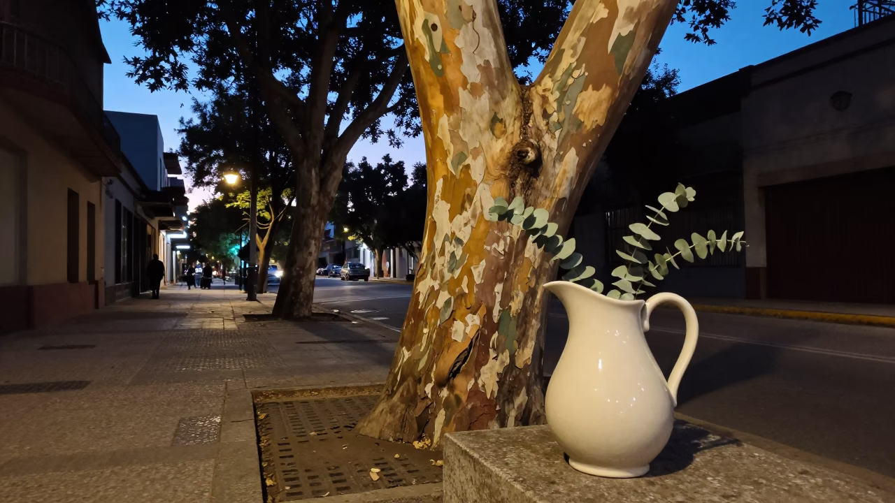 Twilight Street Scene in Buenos Aires Argentina with Ceramic Pitcher and Eucalyptus in in Buenos Aires, Argentina