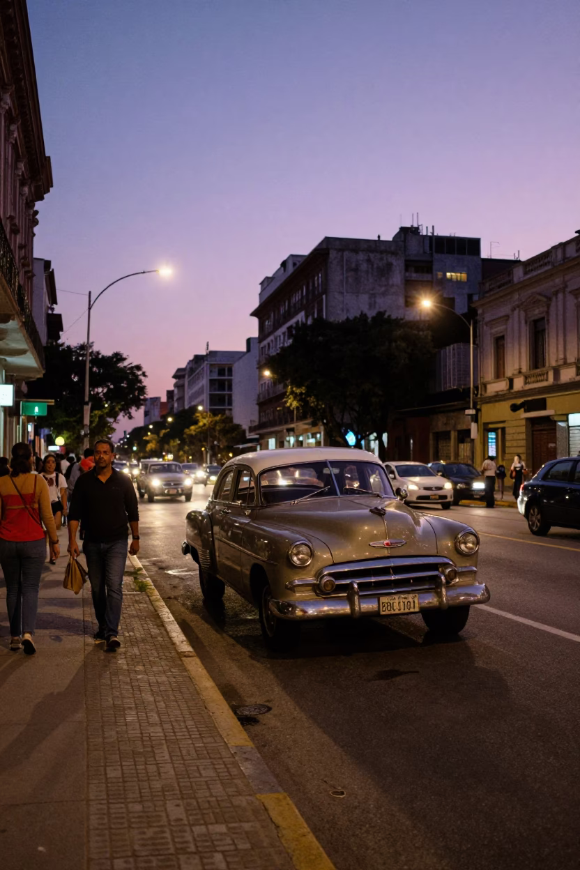 Twilight Street Scene in Buenos Aires Argentina with Classic Car and Pedestrians in in Buenos Aires, Argentina