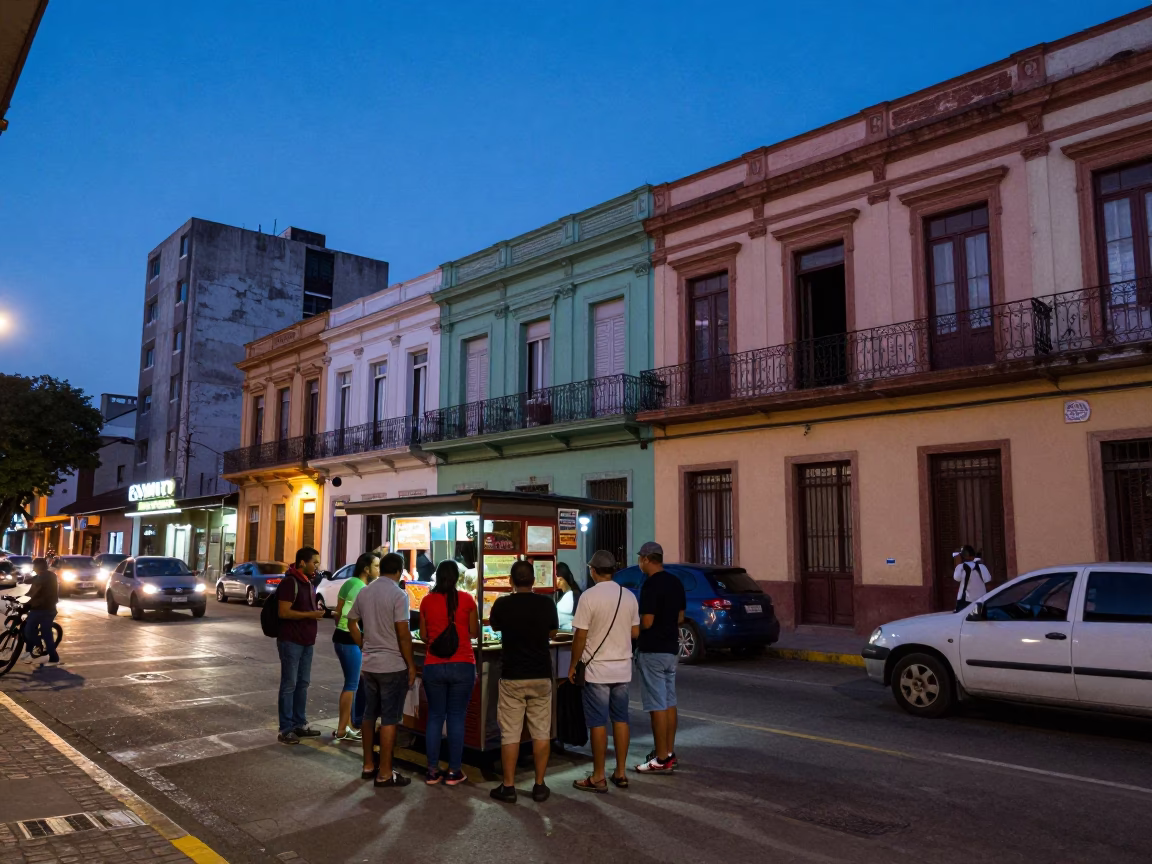 Twilight Street Scene in Buenos Aires Argentina with Colorful Facades and Busy Urban Life in in Buenos Aires, Argentina