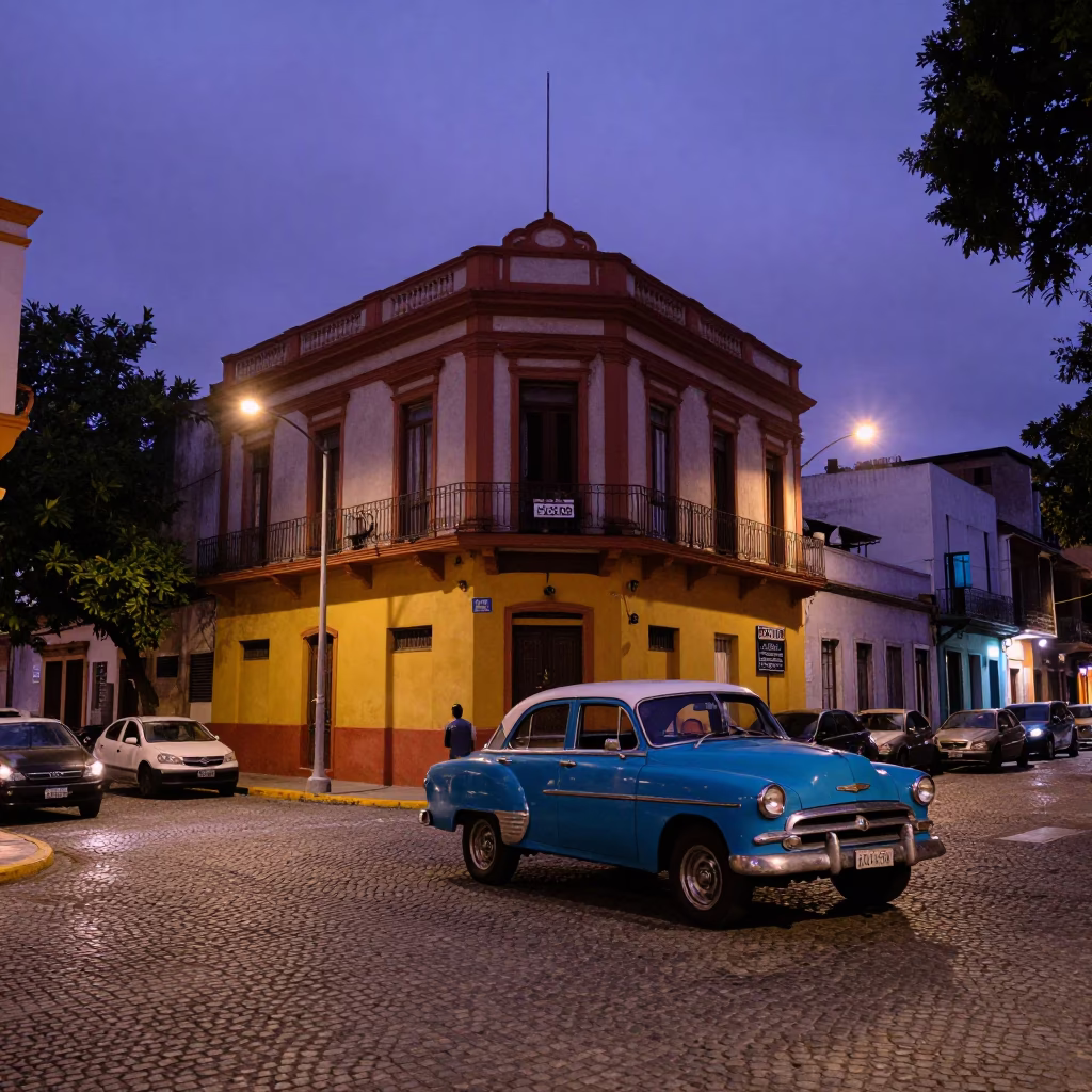 Twilight Street Scene in Buenos Aires Argentina with Colorful Facades and Local Life in in Buenos Aires, Argentina