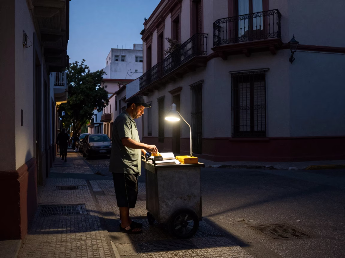 Twilight Street Scene in Buenos Aires Argentina with Desk Lamp and Toolbox in in Buenos Aires, Argentina