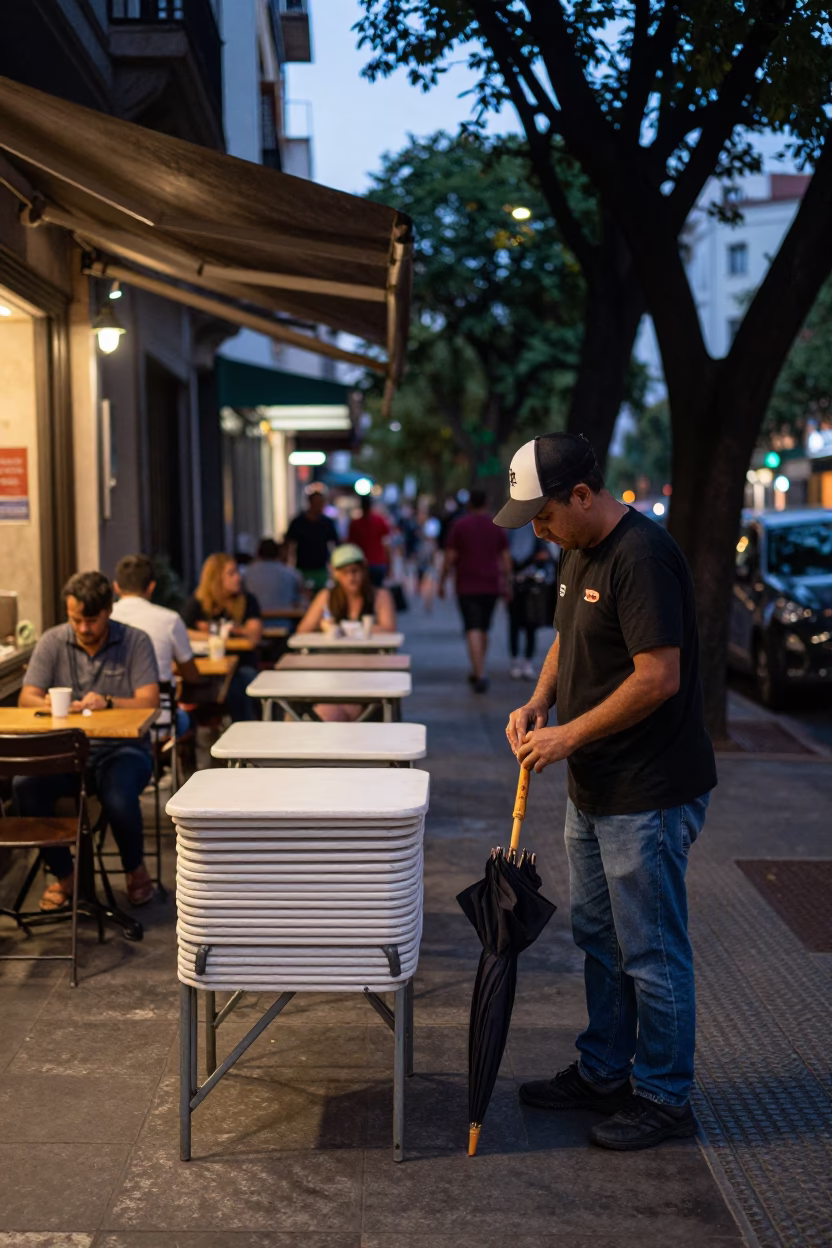 Twilight Street Scene in Buenos Aires Argentina with Folded Parasol and Folding Tables in in Buenos Aires, Argentina