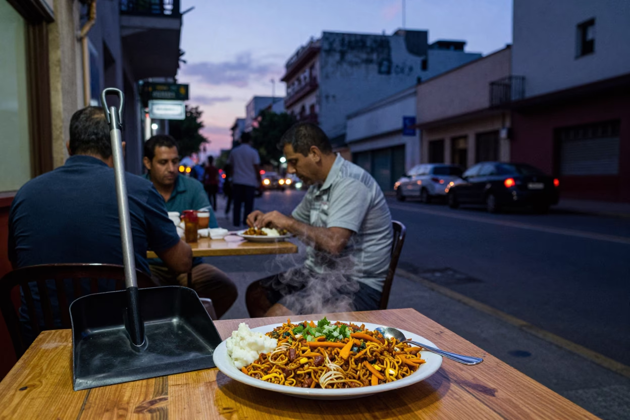 Twilight Street Scene in Buenos Aires Argentina with Koshari Plate and Dustpan in in Buenos Aires, Argentina