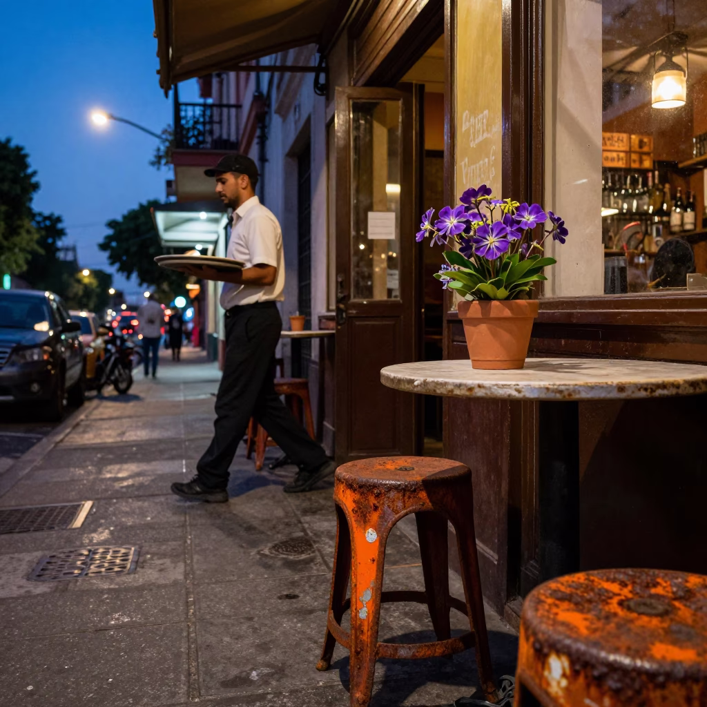 Twilight Street Scene in Buenos Aires Argentina with Rusty Stool and Passion Flower in in Buenos Aires, Argentina