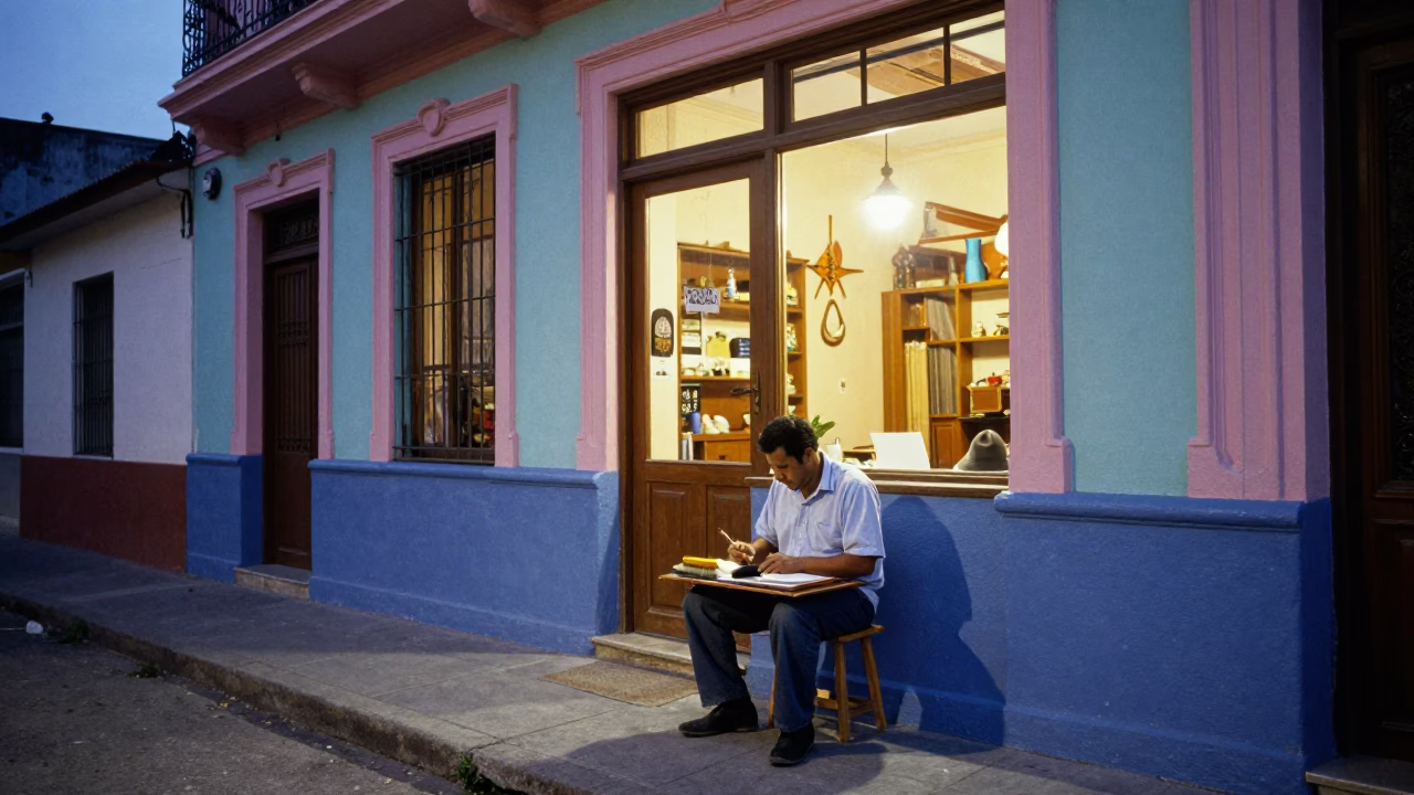 Twilight Street Scene in Buenos Aires Argentina with Shoe Brush and Hat in in Buenos Aires, Argentina