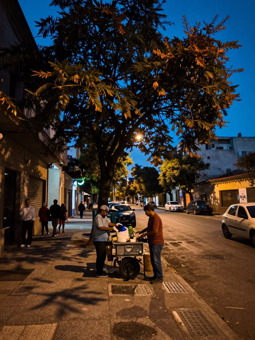 Twilight Street Scene in Buenos Aires Argentina with Tamarind Tree and Local Interaction in in Buenos Aires, Argentina