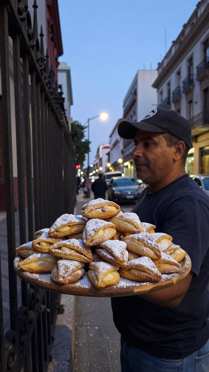 Twilight Street Scene in Buenos Aires Argentina with Tray of Alfajores in in Buenos Aires, Argentina