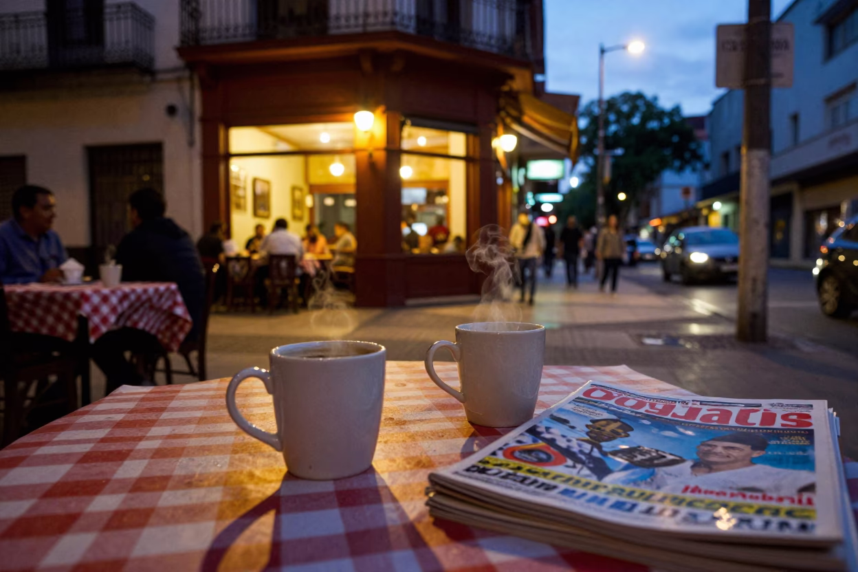 Twilight Street Scene in Buenos Aires with Coffee Mugs and Magazine Rack in in Buenos Aires, Argentina