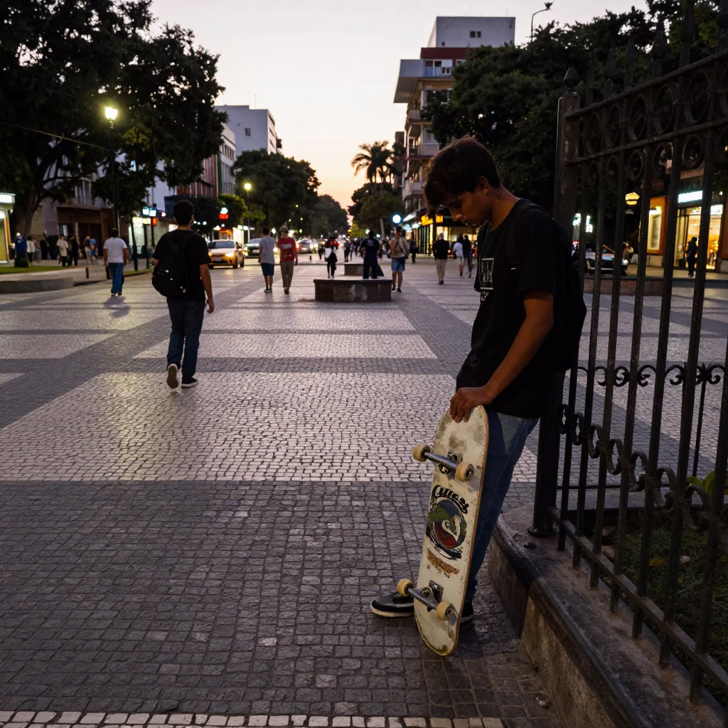 Twilight Street Scene in Buenos Aires with Skateboard and Cobblestone Plaza in in Buenos Aires, Argentina