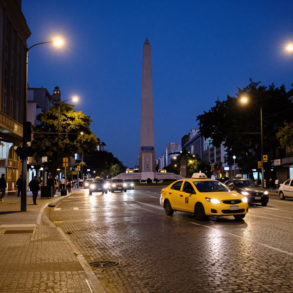 Twilight Street Scene in Buenos Aires with Yellow Taxi and Cobblestone Plaza in in Buenos Aires, Argentina