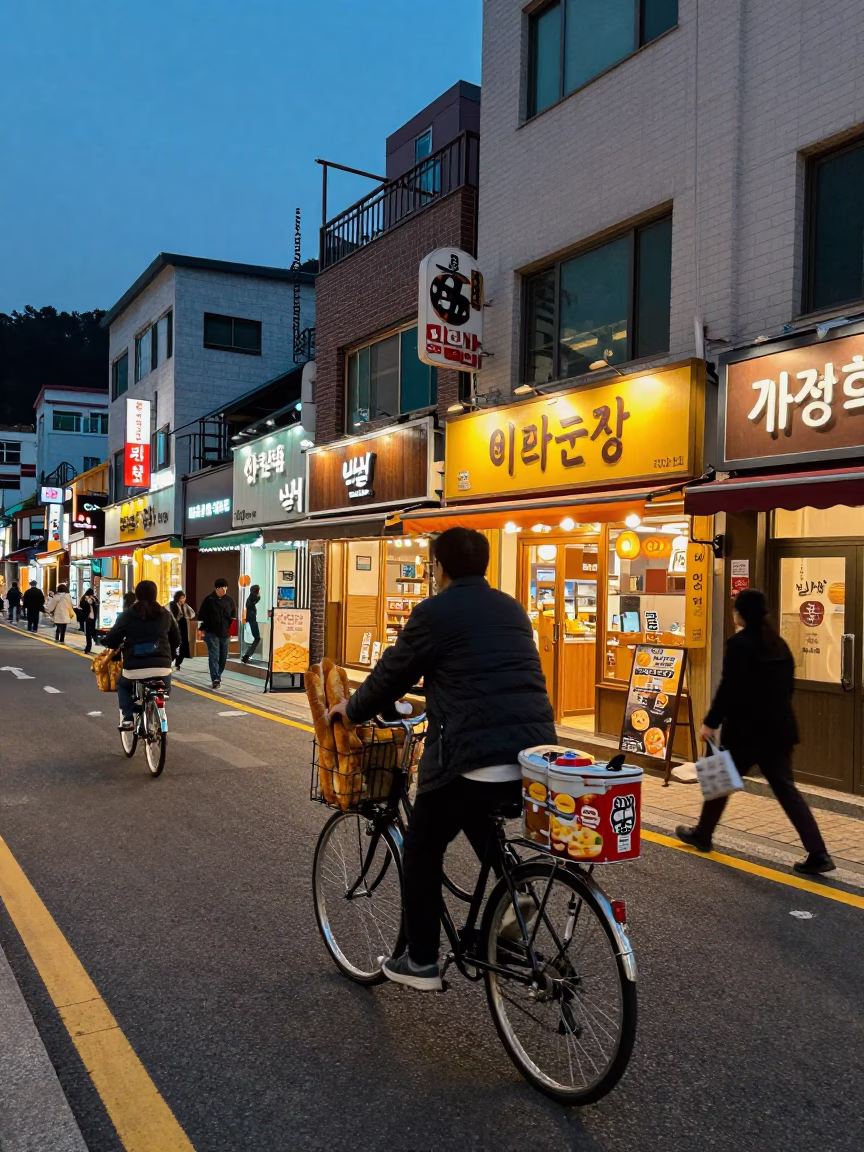 Twilight Street Scene in Busan South Korea with Bicycle and Cookie Tin in in Busan, South Korea