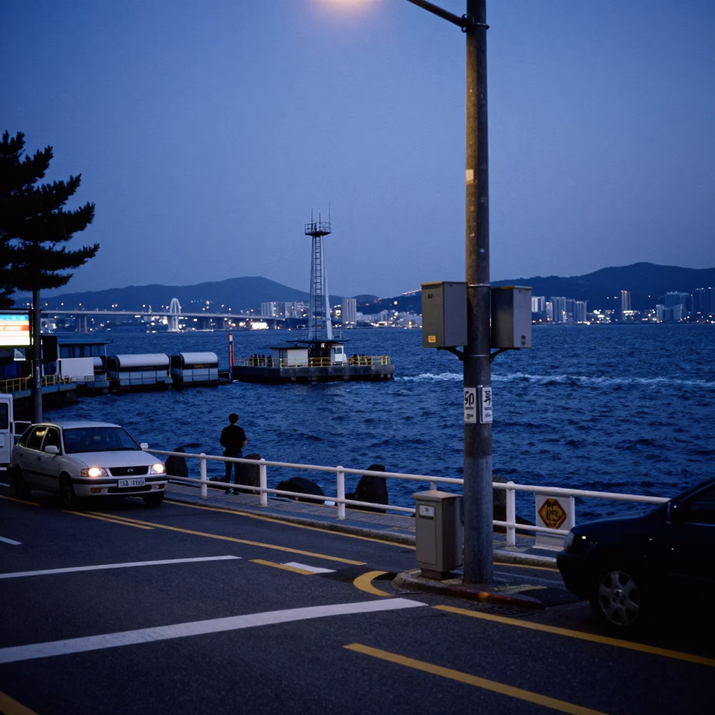 Twilight Street Scene in Busan South Korea with Bridge Pier Ladder and Local Life in in Busan, South Korea