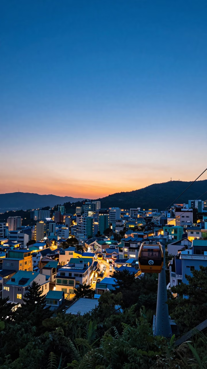 Twilight street scene in Busan South Korea with cable car and urban landscape in in Busan, South Korea