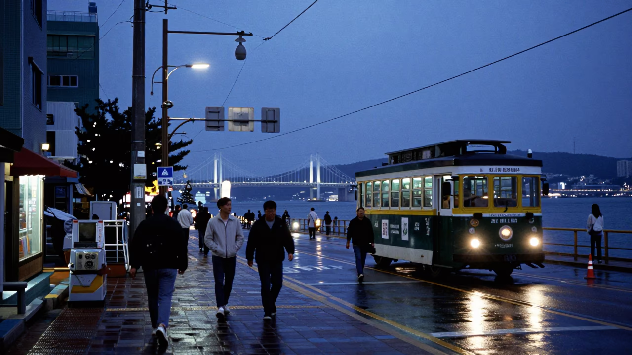 Twilight Street Scene in Busan South Korea with Cable Car and Urban Lights in in Busan, South Korea