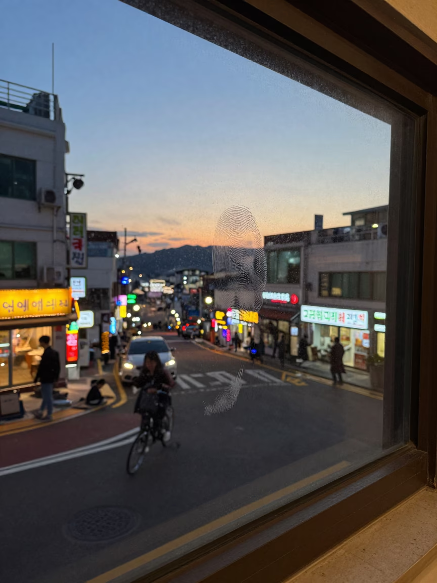 Twilight street scene in Busan South Korea with fingerprinted window and urban life in in Busan, South Korea