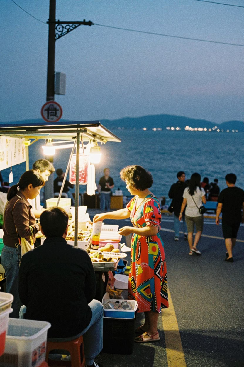 Twilight Street Scene in Busan South Korea with Local Market Goods in in Busan, South Korea