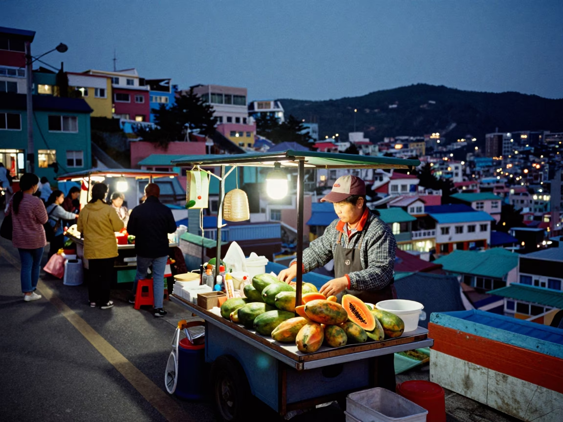 Twilight Street Scene in Busan South Korea with Local Vendor and Colorful Details in in Busan, South Korea