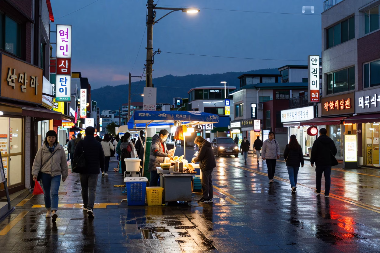 Twilight Street Scene in Busan South Korea with Local Vendor and Pedestrians in in Busan, South Korea