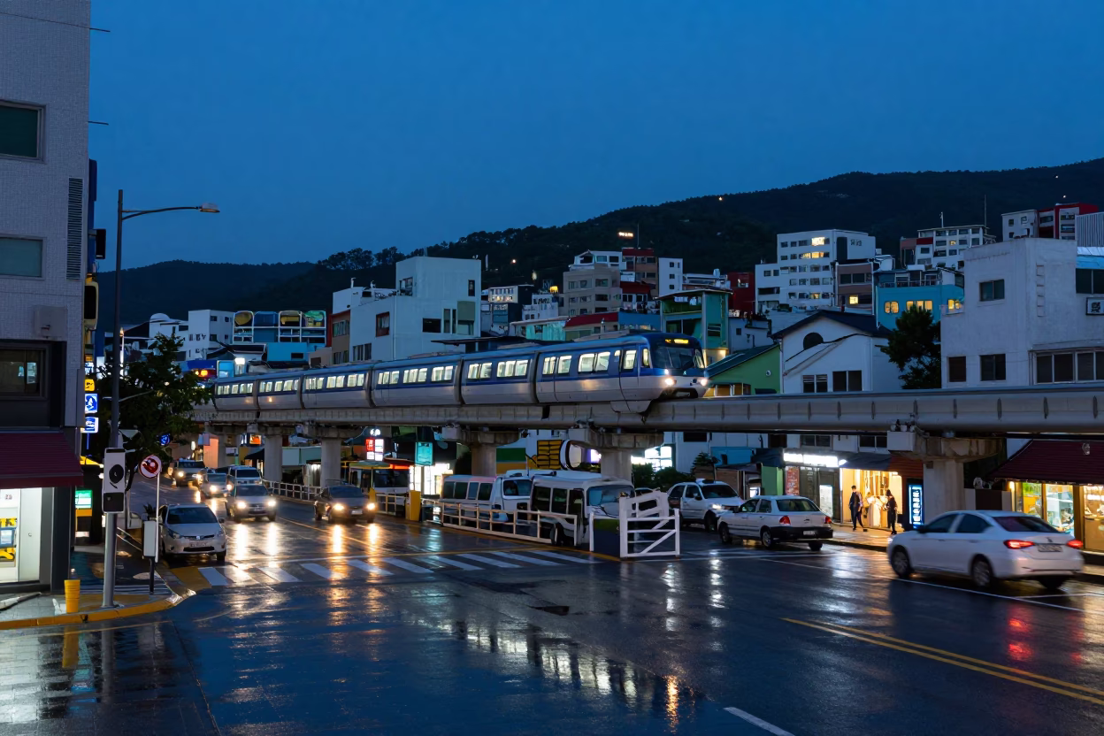 Twilight Street Scene in Busan South Korea with Monorail Reflection in in Busan, South Korea
