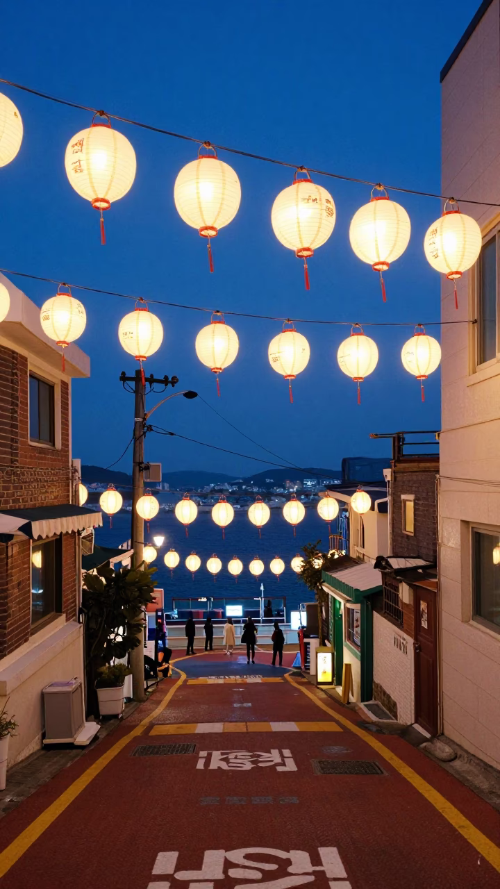 Twilight street scene in Busan South Korea with paper lanterns and coastal city lights in in Busan, South Korea