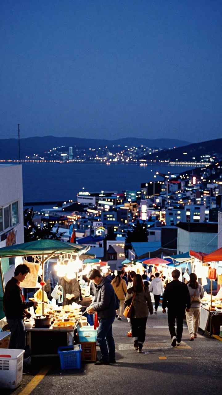 Twilight street scene in Busan South Korea with vendors and city lights in in Busan, South Korea