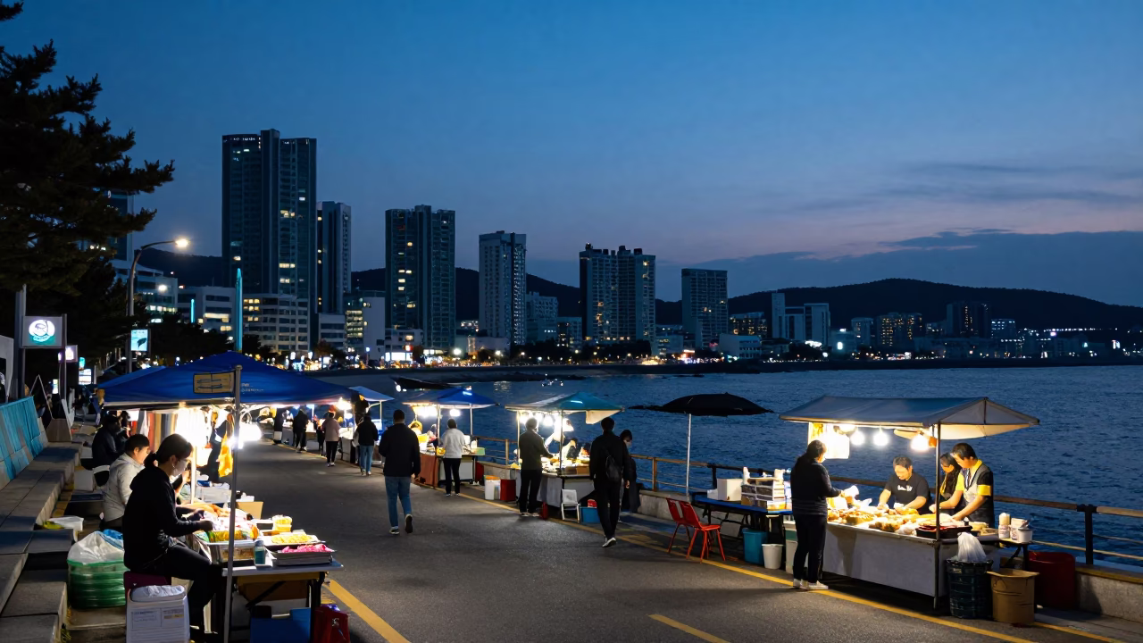 Twilight street scene in Busan South Korea with vendors and urban landscape in in Busan, South Korea