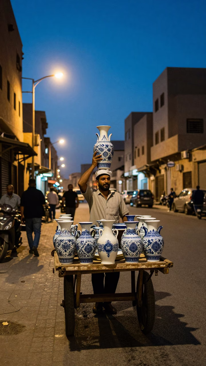 Twilight Street Scene in Cairo Egypt with Blue and White Porcelain and Stair Rail in in Cairo, Egypt
