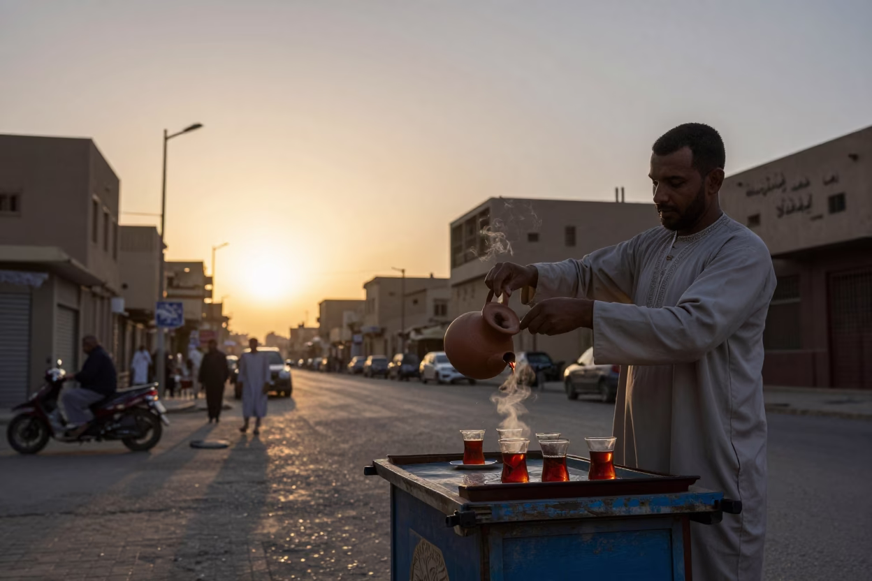 Twilight Street Scene in Cairo Egypt with Clay Teapot and Local Interaction in in Cairo, Egypt